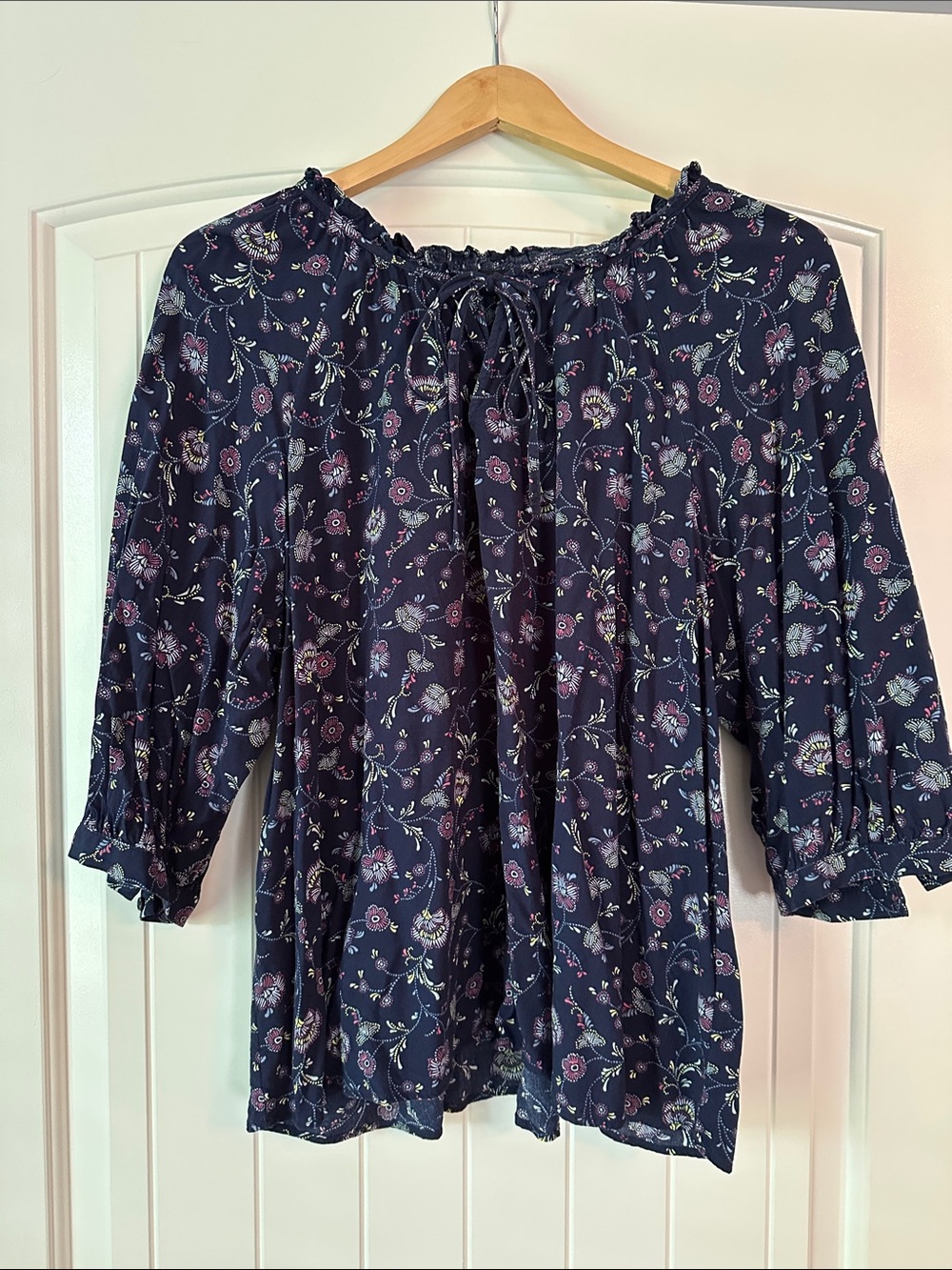 a.n.a Navy Floral Tie-Neck Peasant Blouse